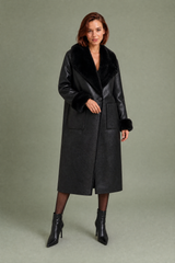 Manteau long réversible col duveteux
