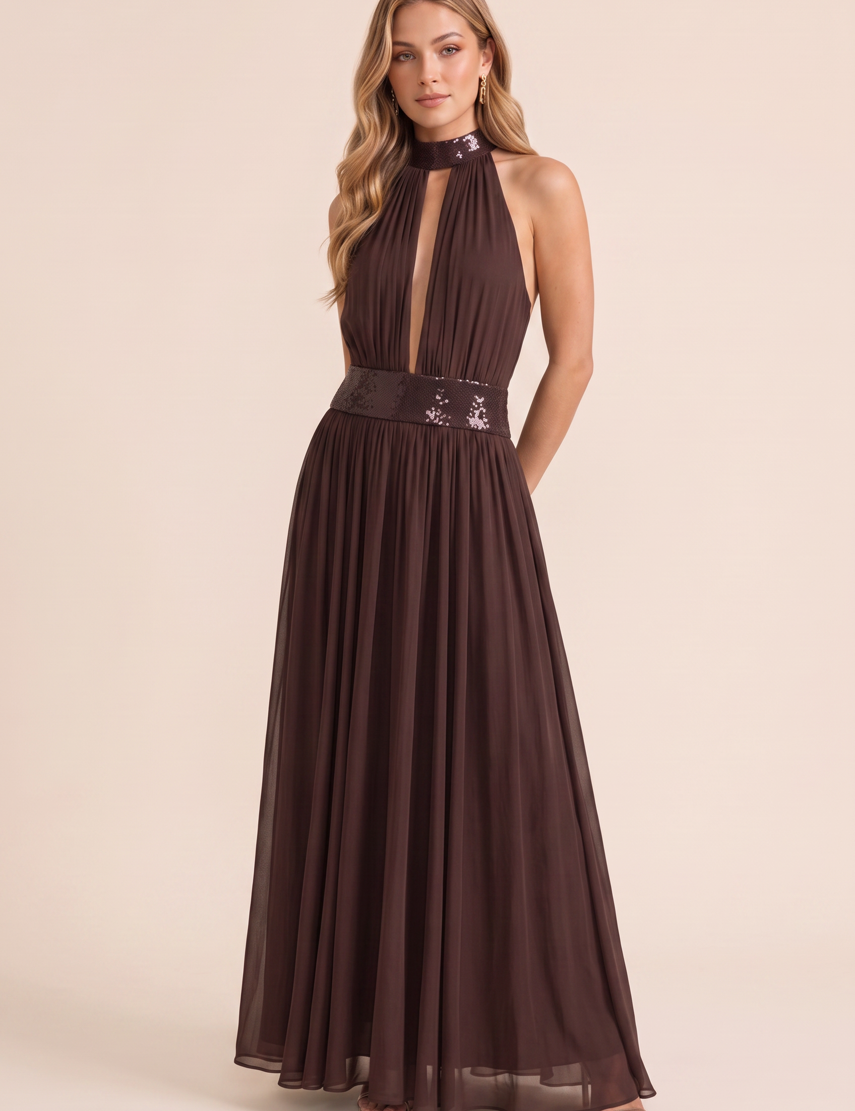 Robe longue col licou dos nu | Variante Marron | Lounelle Paris