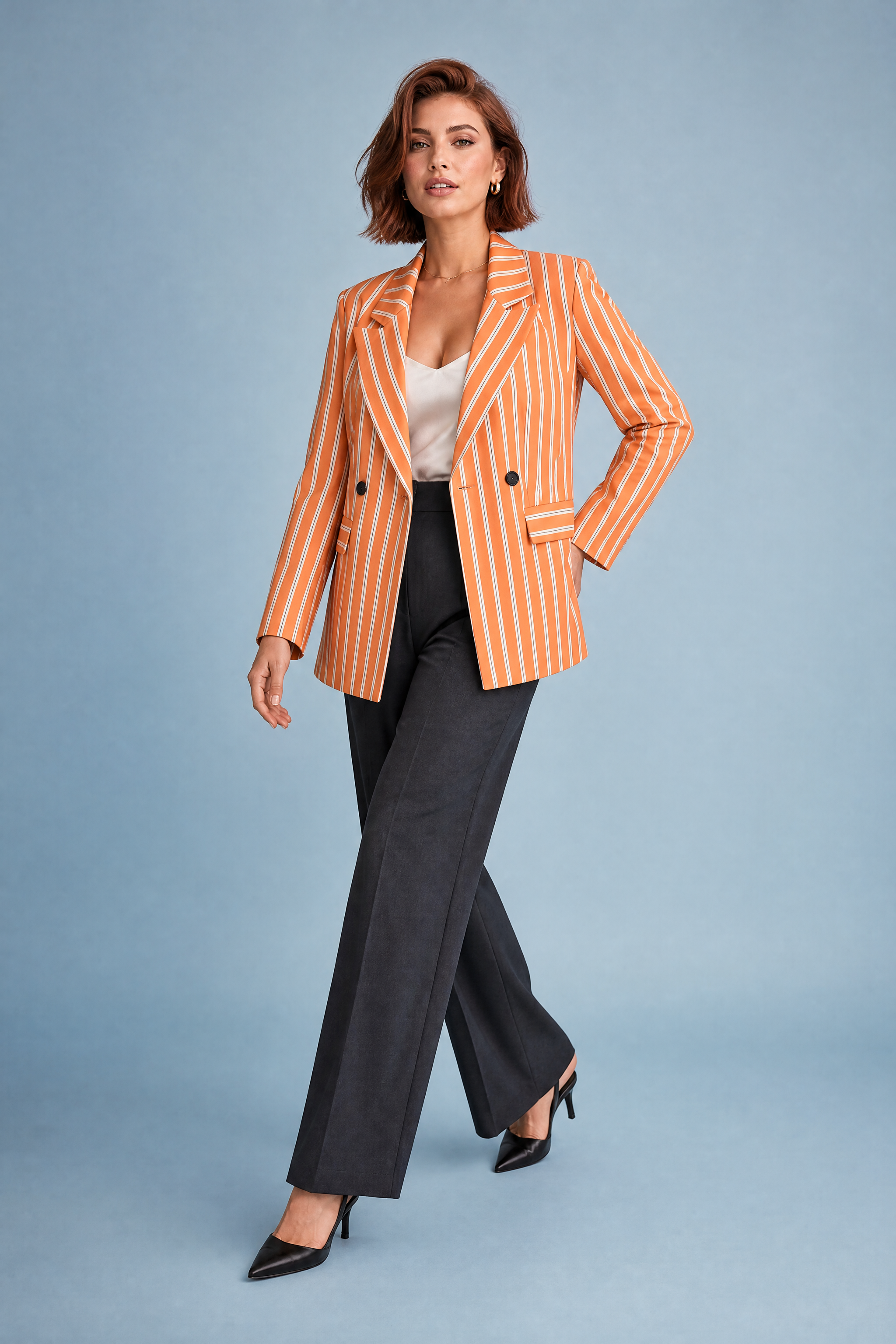 Blazer orange rayé coupe ample | Vue de face | Lounelle Paris