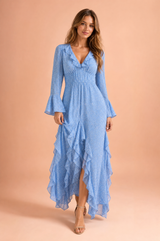 Robe longue bleue à volants