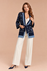 Gilet bleu marine col V franges