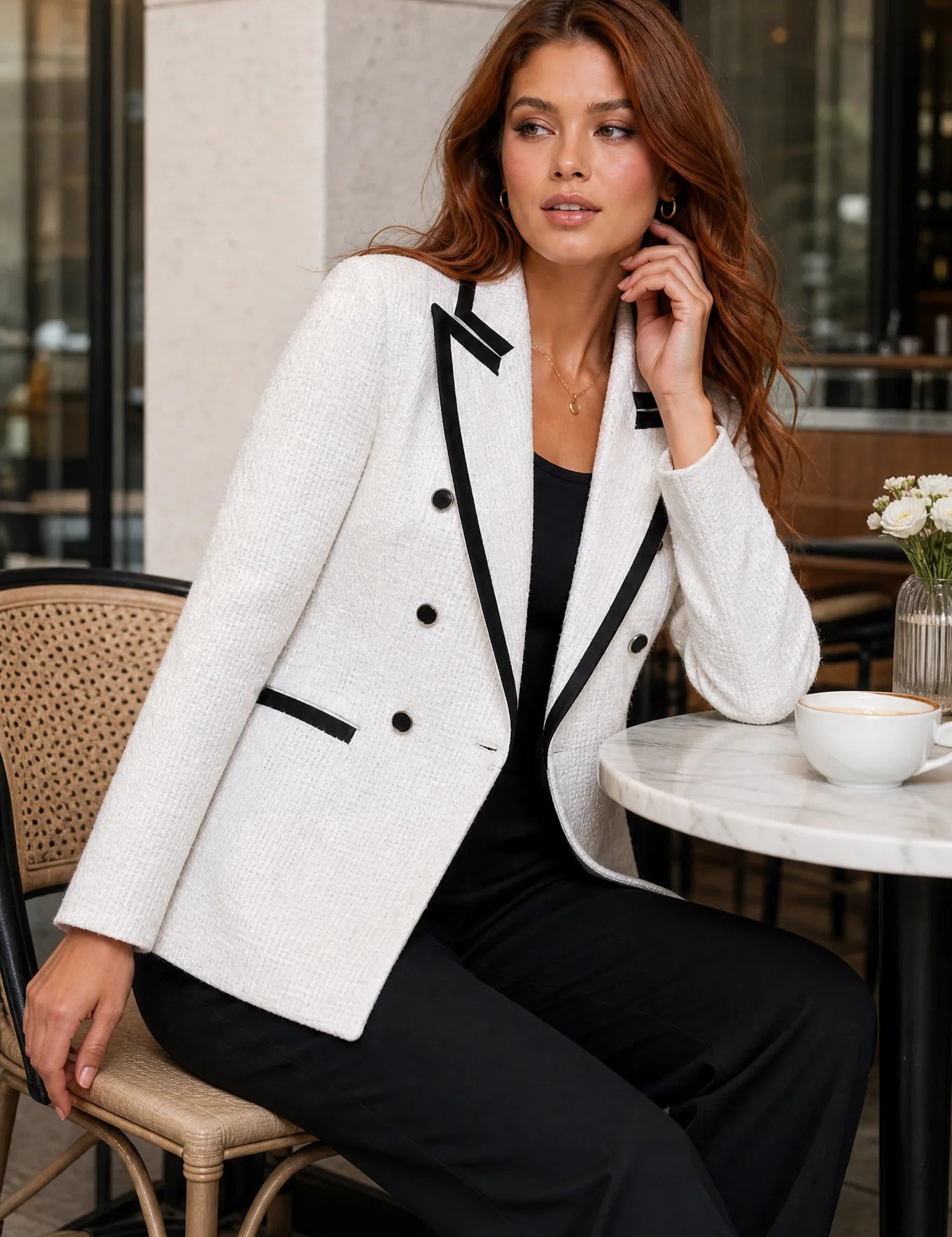 Blazer blanc tweed à contraste noir | Photo lifestyle | Lounelle Paris