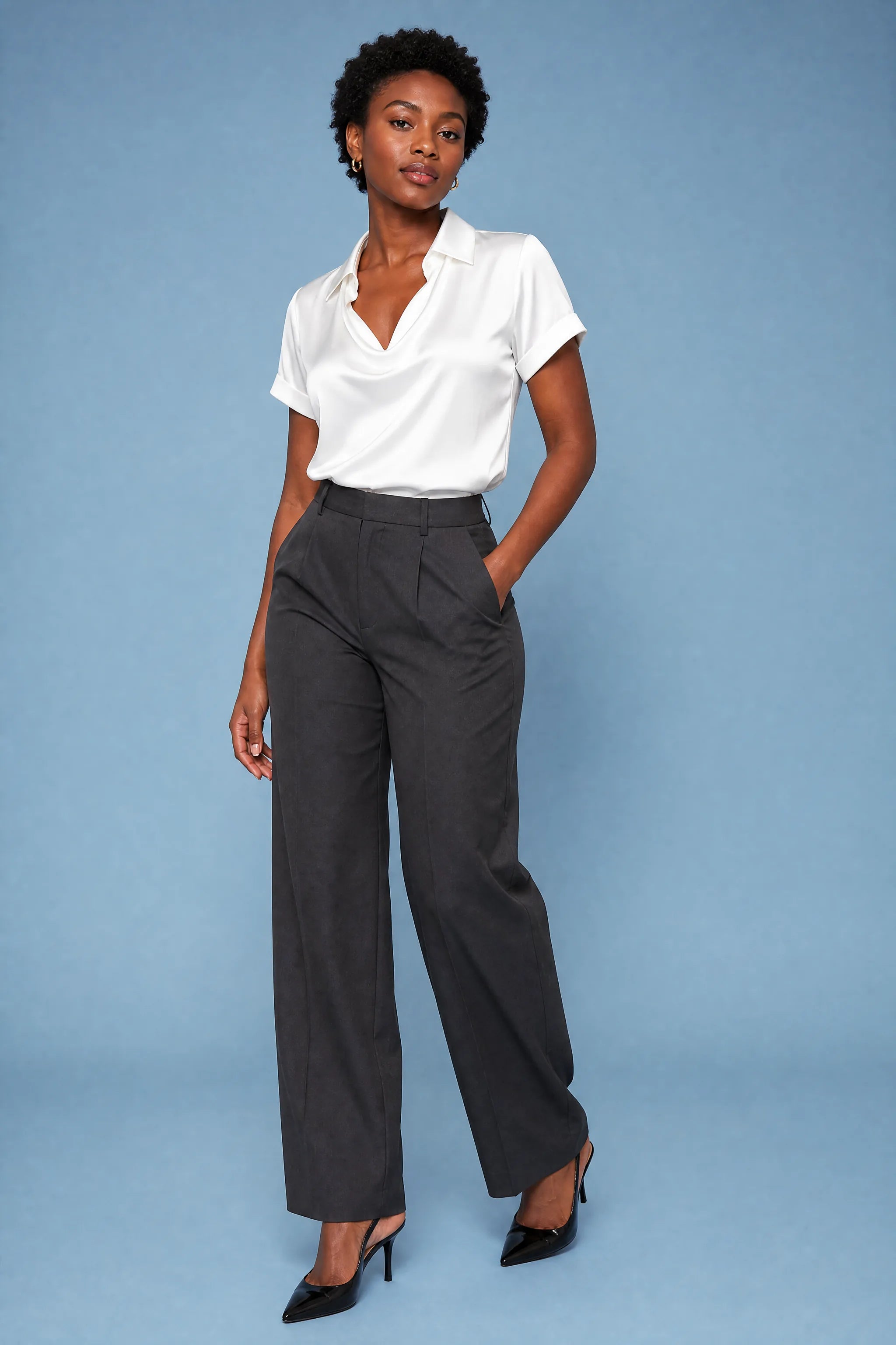Blouse satinée encolure drapée | Vue de face | Lounelle Paris