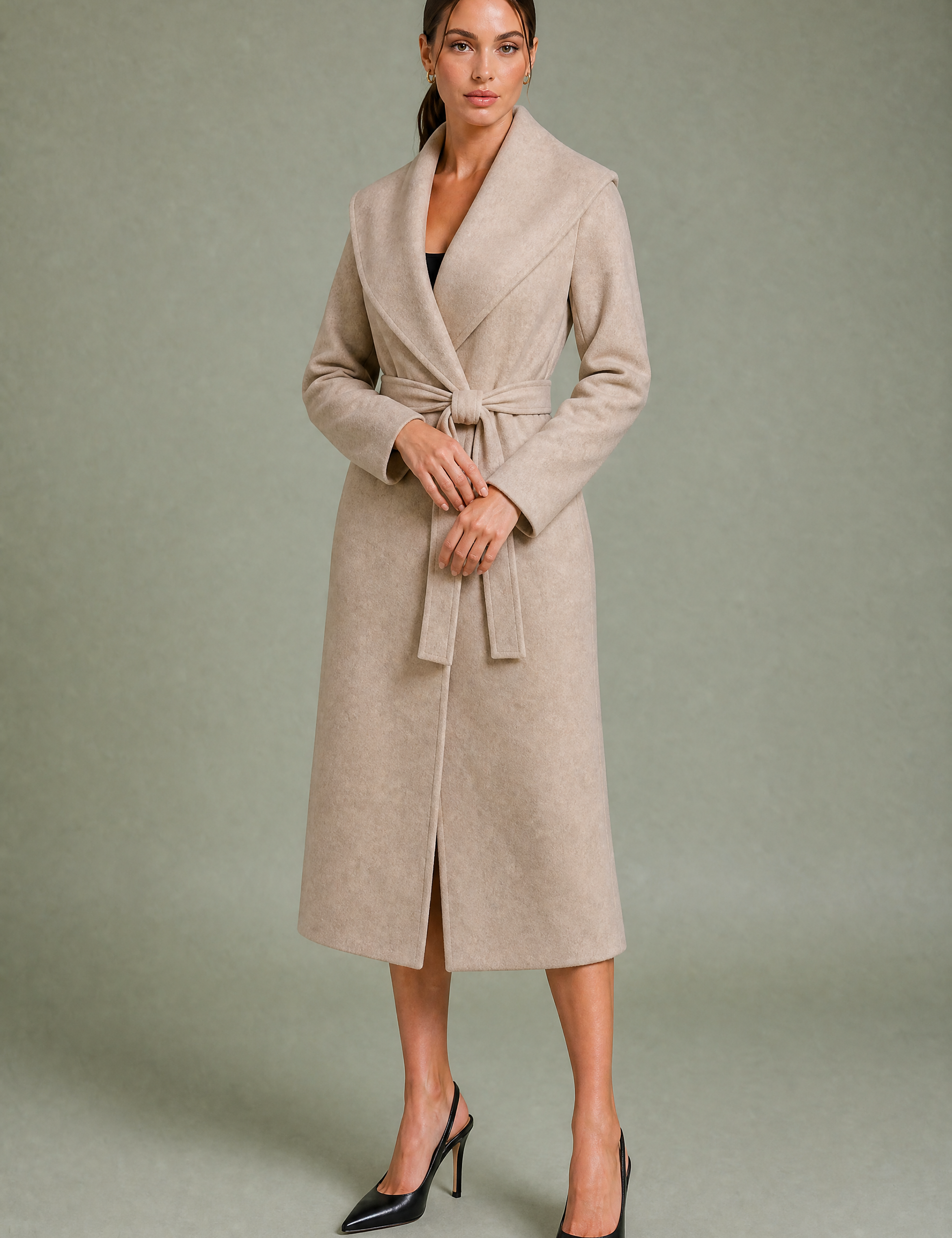Manteau long col châle ceinturé | Variante Beige | Lounelle Paris