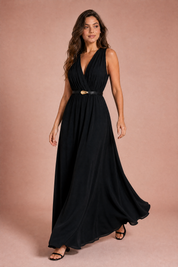 Robe noire col V ceinturée | Vue en mouvement | Lounelle Paris