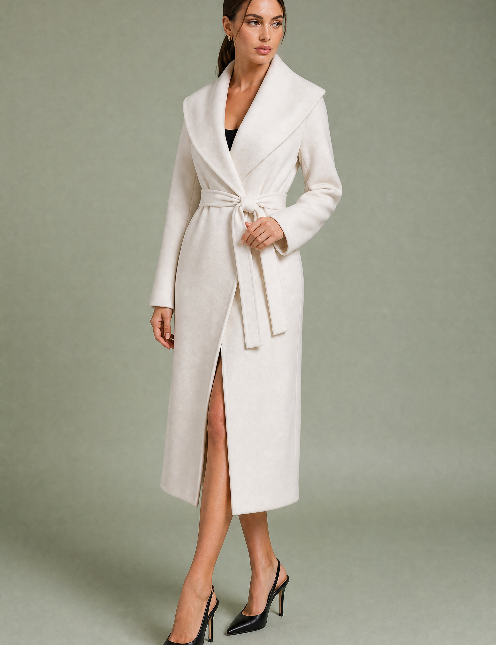 Manteau long col châle ceinturé | Vue de face | Lounelle Paris