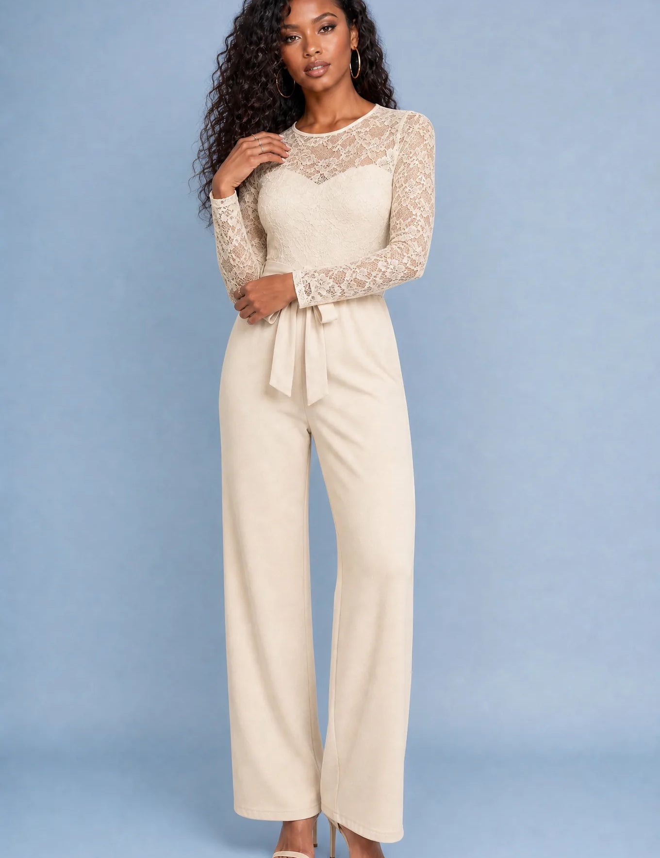 Combinaison en dentelle à jambes larges | Variante Beige | Lounelle Paris