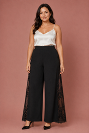 Pantalon large noir taille haute dentelle