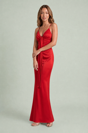 Robe longue col V drapée