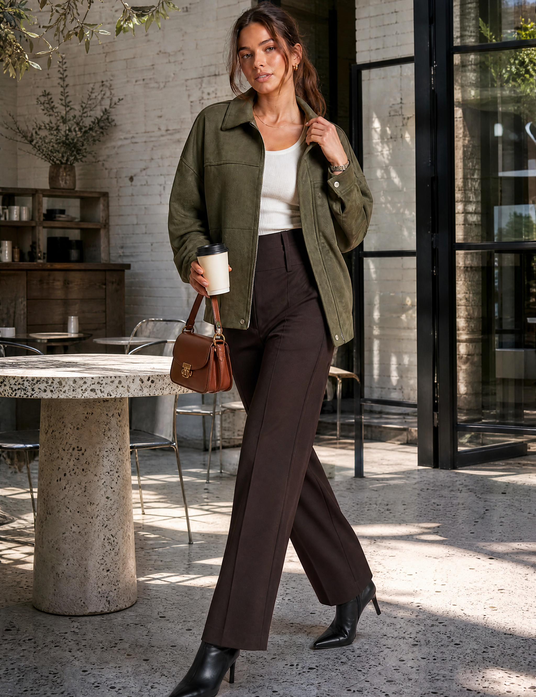 Veste ample vert armée col chemise | Photo lifestyle | Lounelle Paris