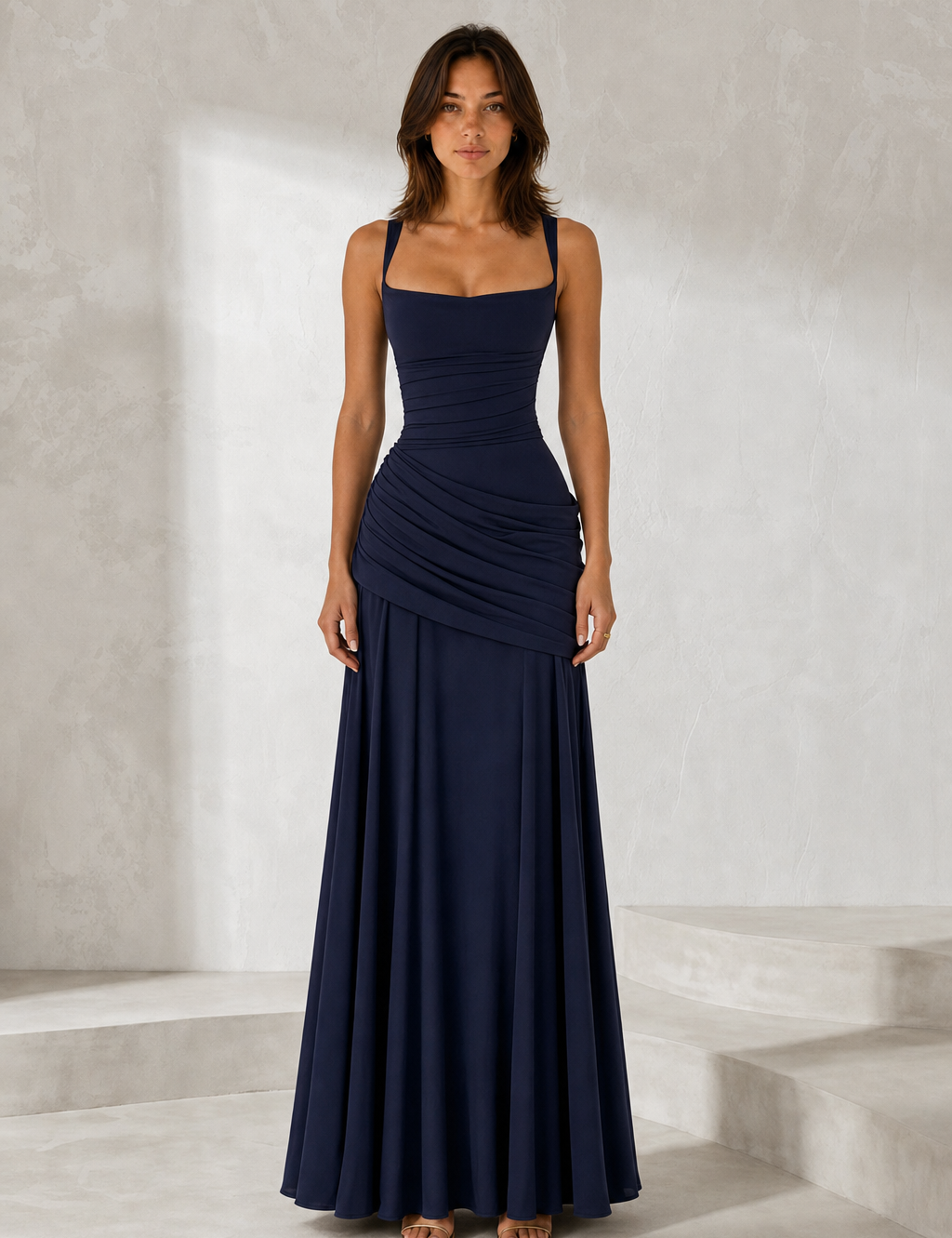 Robe longue dos nu drapée variante bleu marine