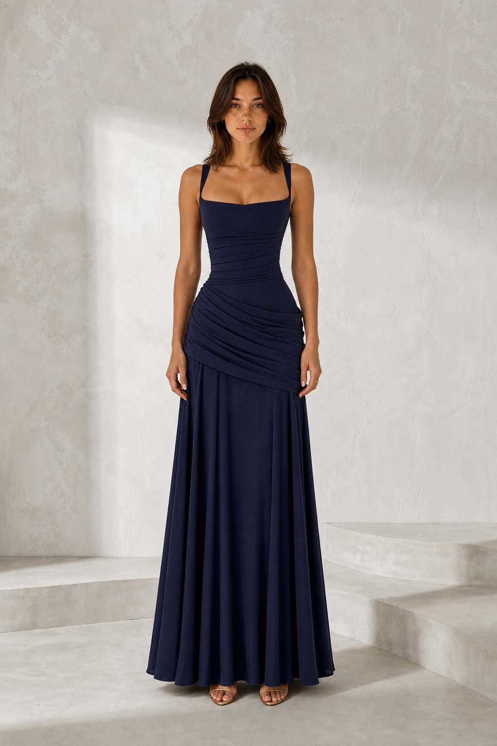 Robe longue dos nu drapée variante bleu marine