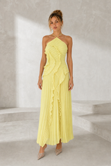 Robe longue col halter à volants