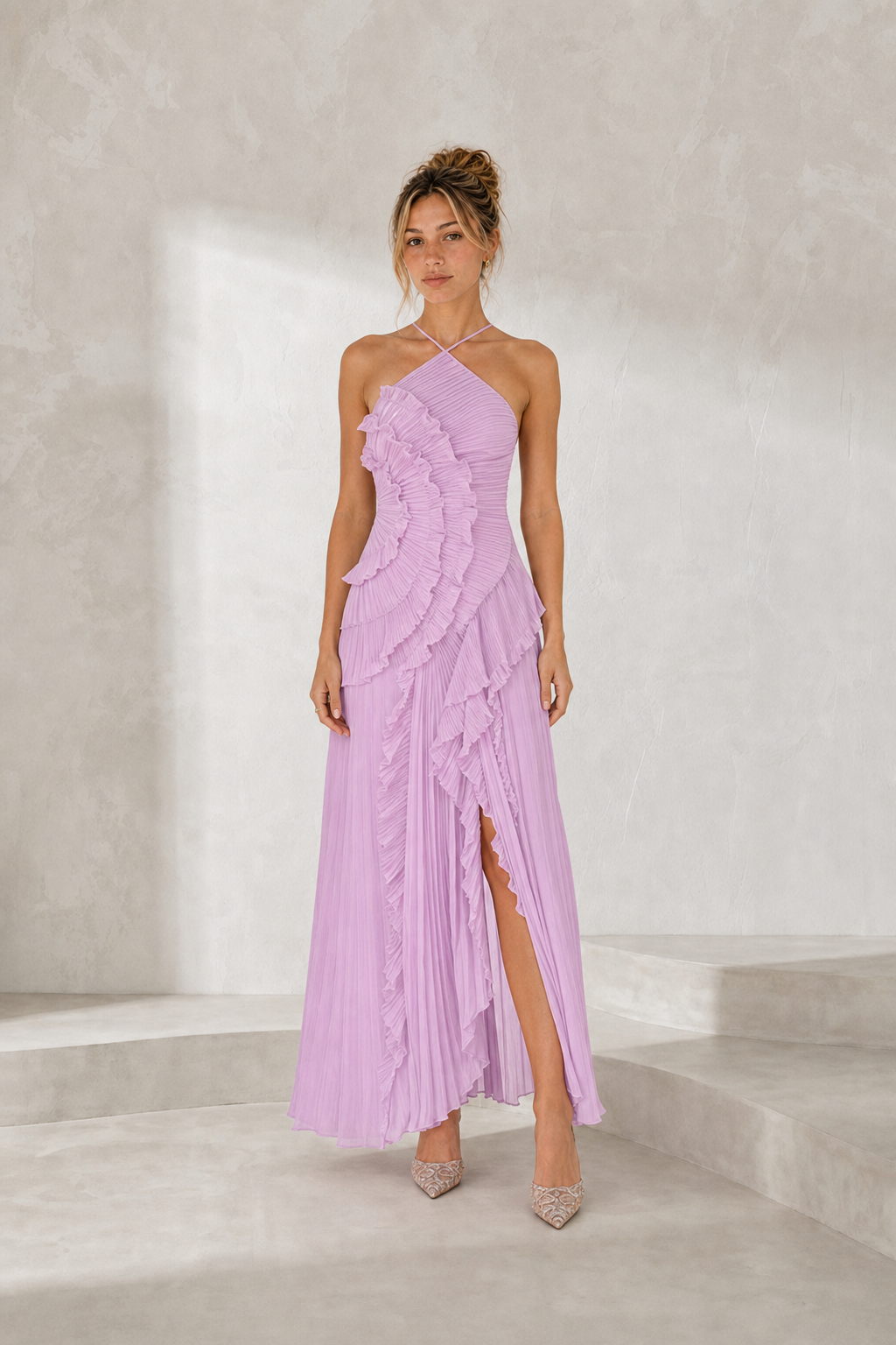 Robe longue col halter à volants variante rose