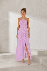 Robe longue col halter à volants