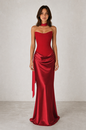 Robe longue drapée dos nu variante rouge