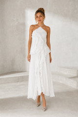 Robe longue col halter à volants