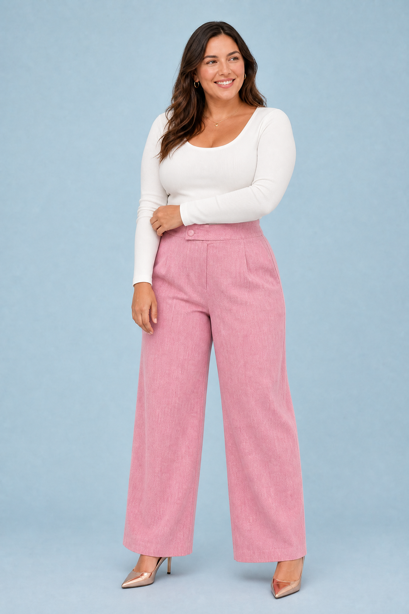 Pantalon large taille haute boutonné | Porté sur une silhouette plus ronde | Lounelle Paris