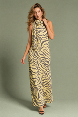 Robe longue imprimé zèbre col écharpe