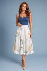 Jupe midi beige fleurie taille haute