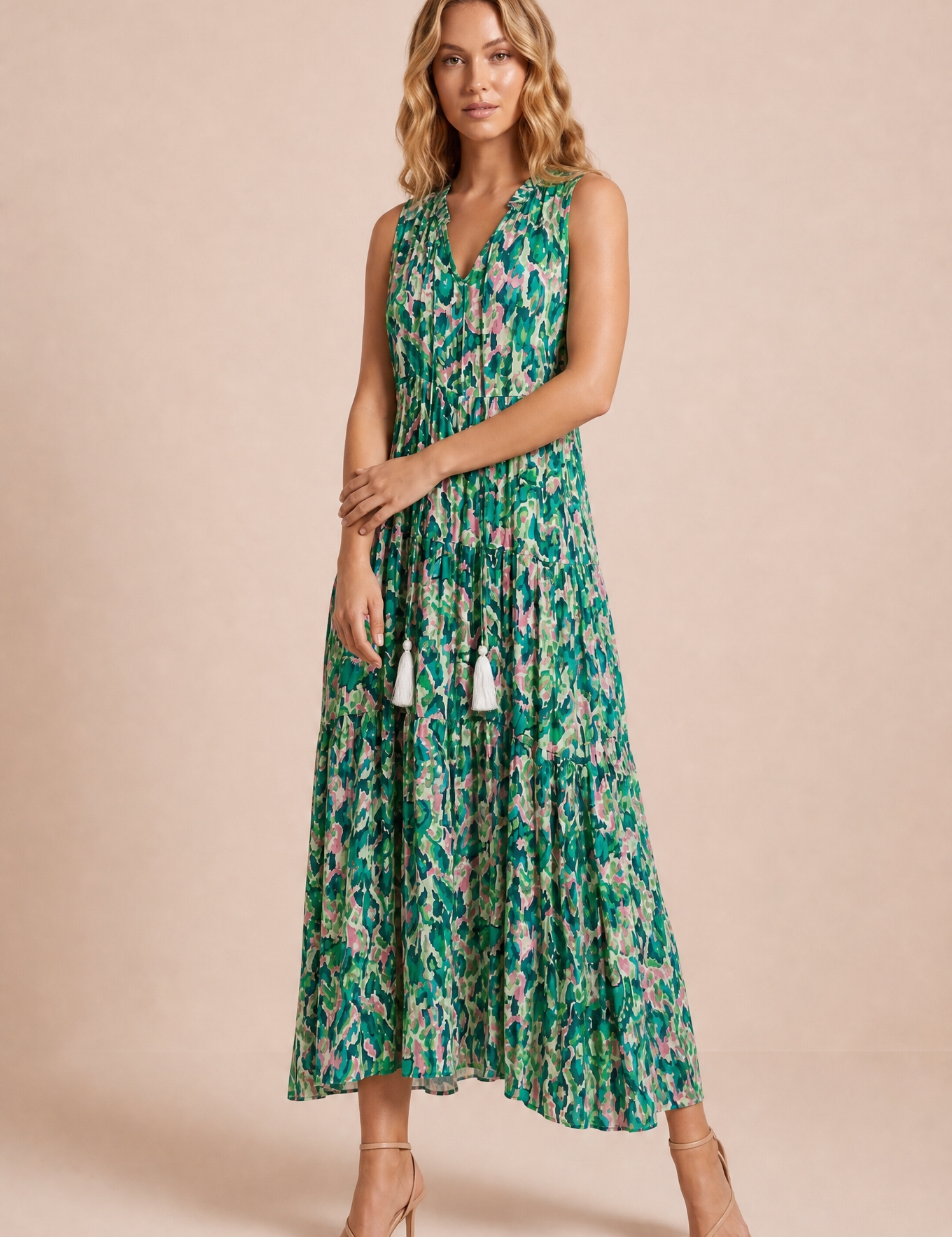 Robe imprimée col V franges | Variante Vert | Lounelle Paris
