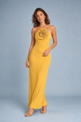 Robe longue jaune col halter