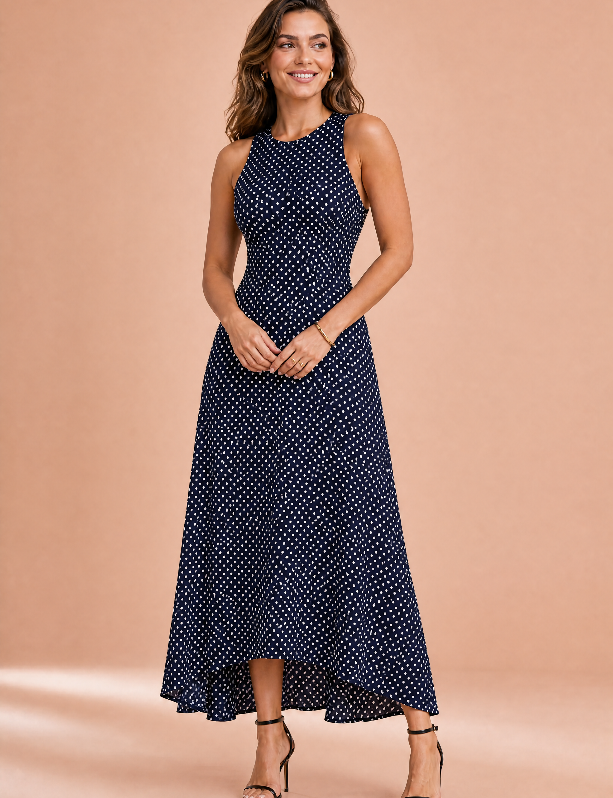Robe longue à pois dos nu | Variante Bleu marine | Lounelle Paris