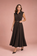 Robe marron col chemise ceinturée
