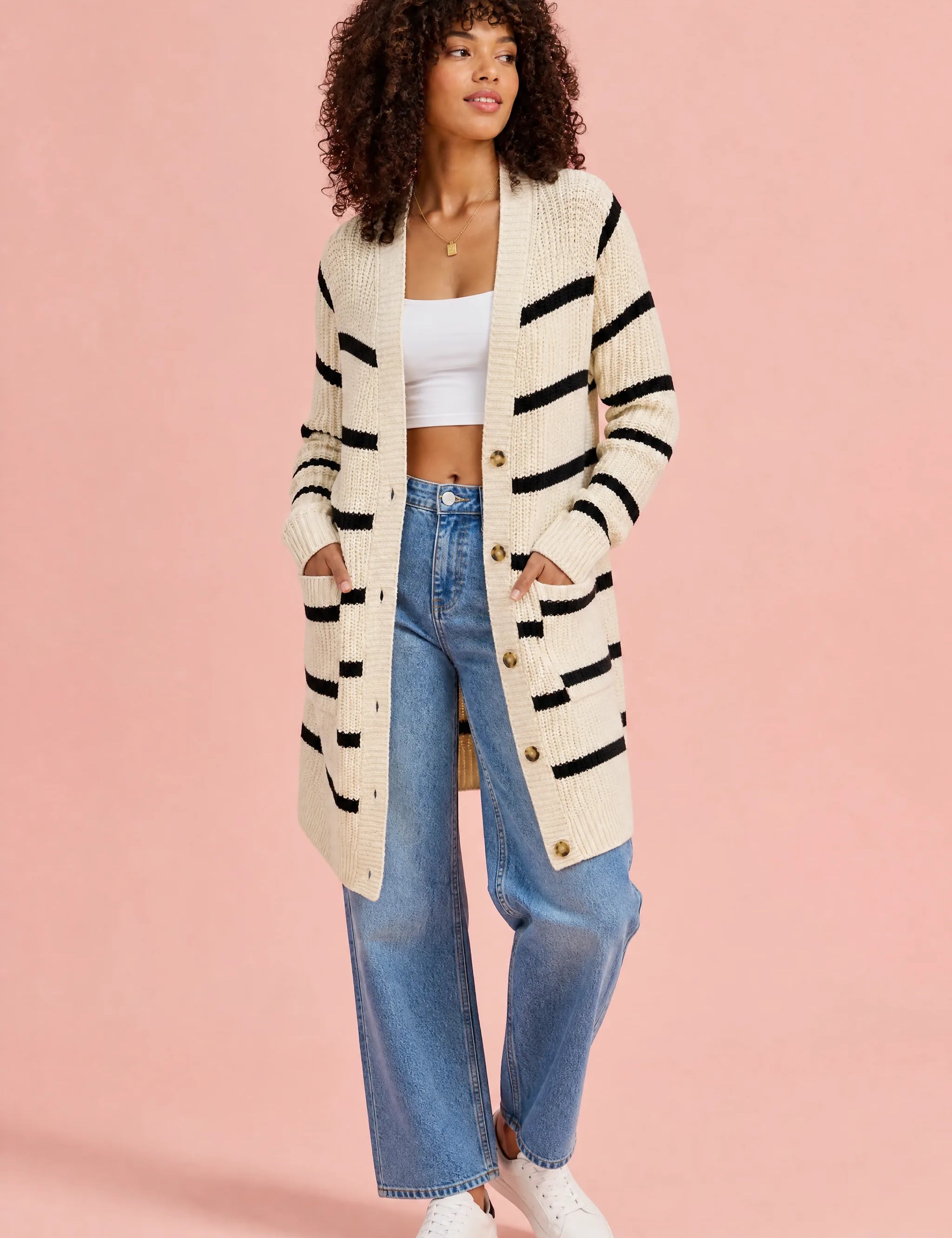 Gilet abricot rayé mi-long | Vue de face | Lounelle Paris