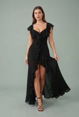 Robe longue fendue à volants