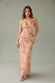 Robe longue abricot fleurie dos nu | Porté sur une autre silhouette | Lounelle Paris