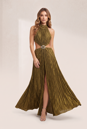 Robe longue or olive dos ouvert | Vue de face | Lounelle Paris