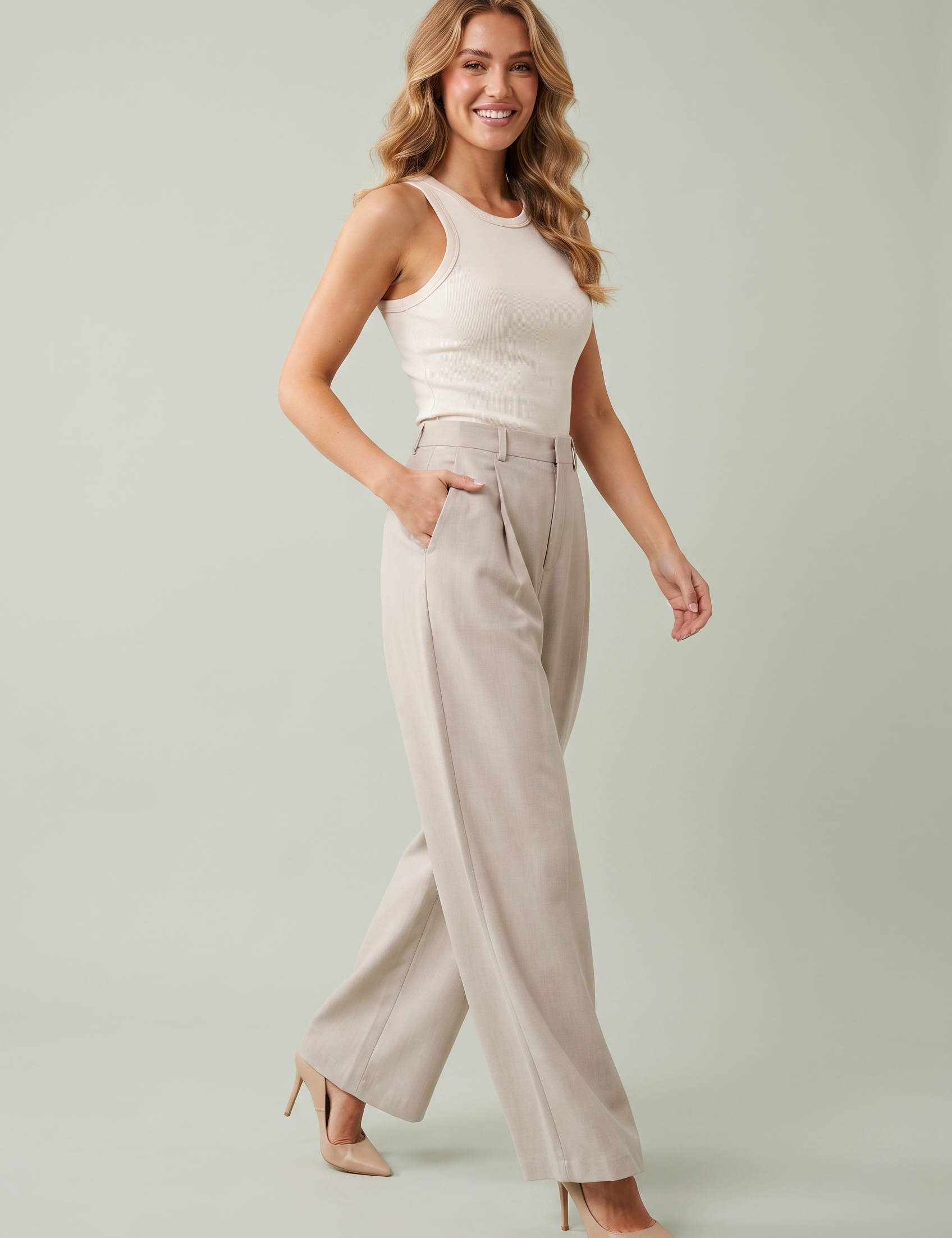 Pantalon beige large plissé | Vue de face | Lounelle Paris