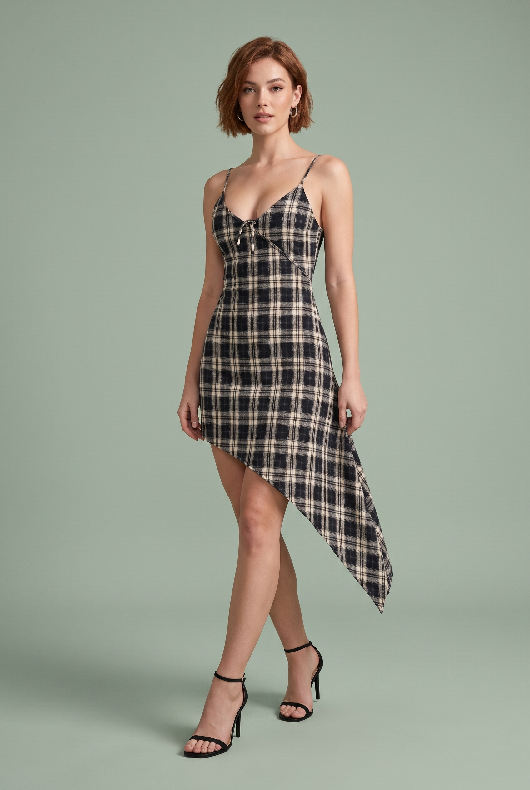 Robe noire à carreaux asymétrique | Vue de face | Lounelle Paris