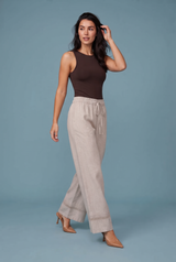 Pantalon large beige taille haute