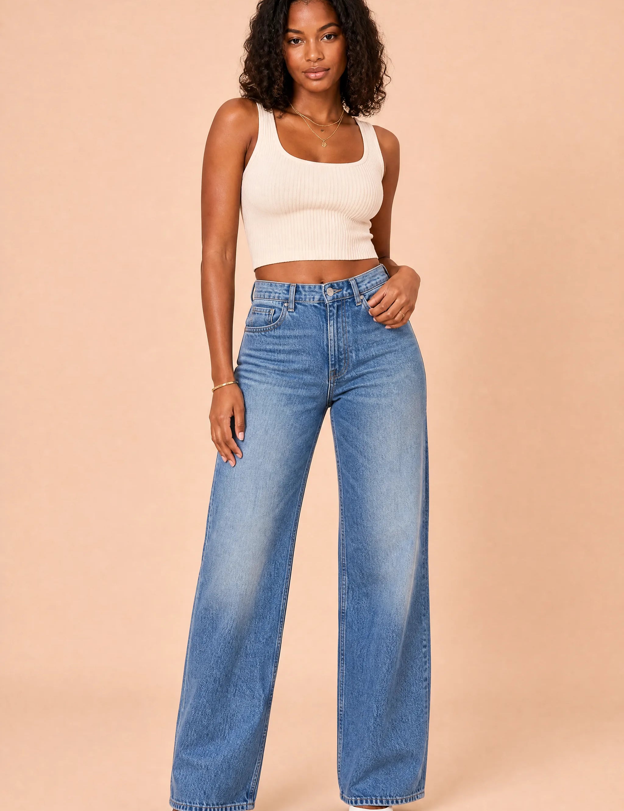 Jean bleu taille haute jambe large | Vue de face | Lounelle Paris
