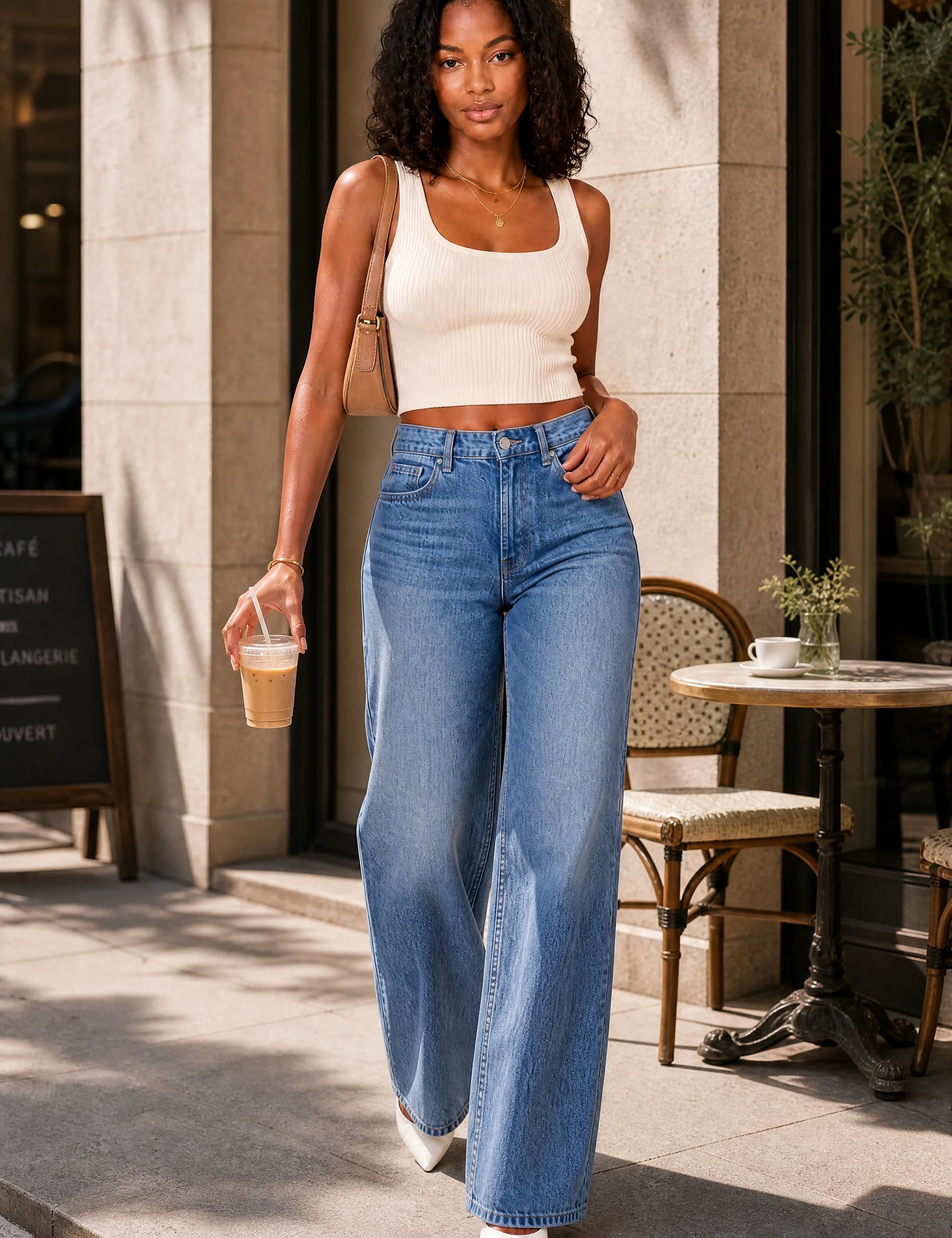 Jean bleu taille haute jambe large | Photo lifestyle | Lounelle Paris