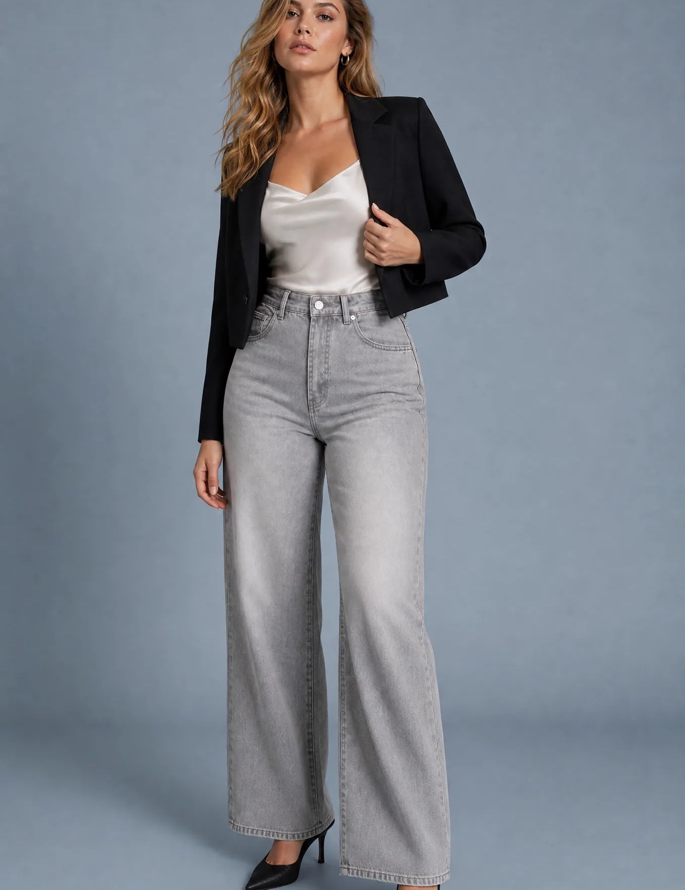 Jean taille haute jambe large | Vue de face | Lounelle Paris