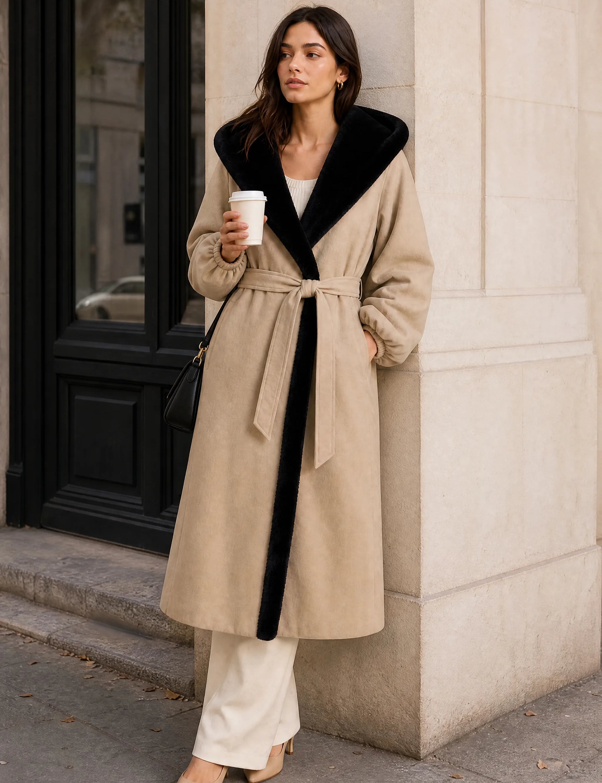 Manteau beige matelassé à capuche | Photo lifestyle | Lounelle Paris