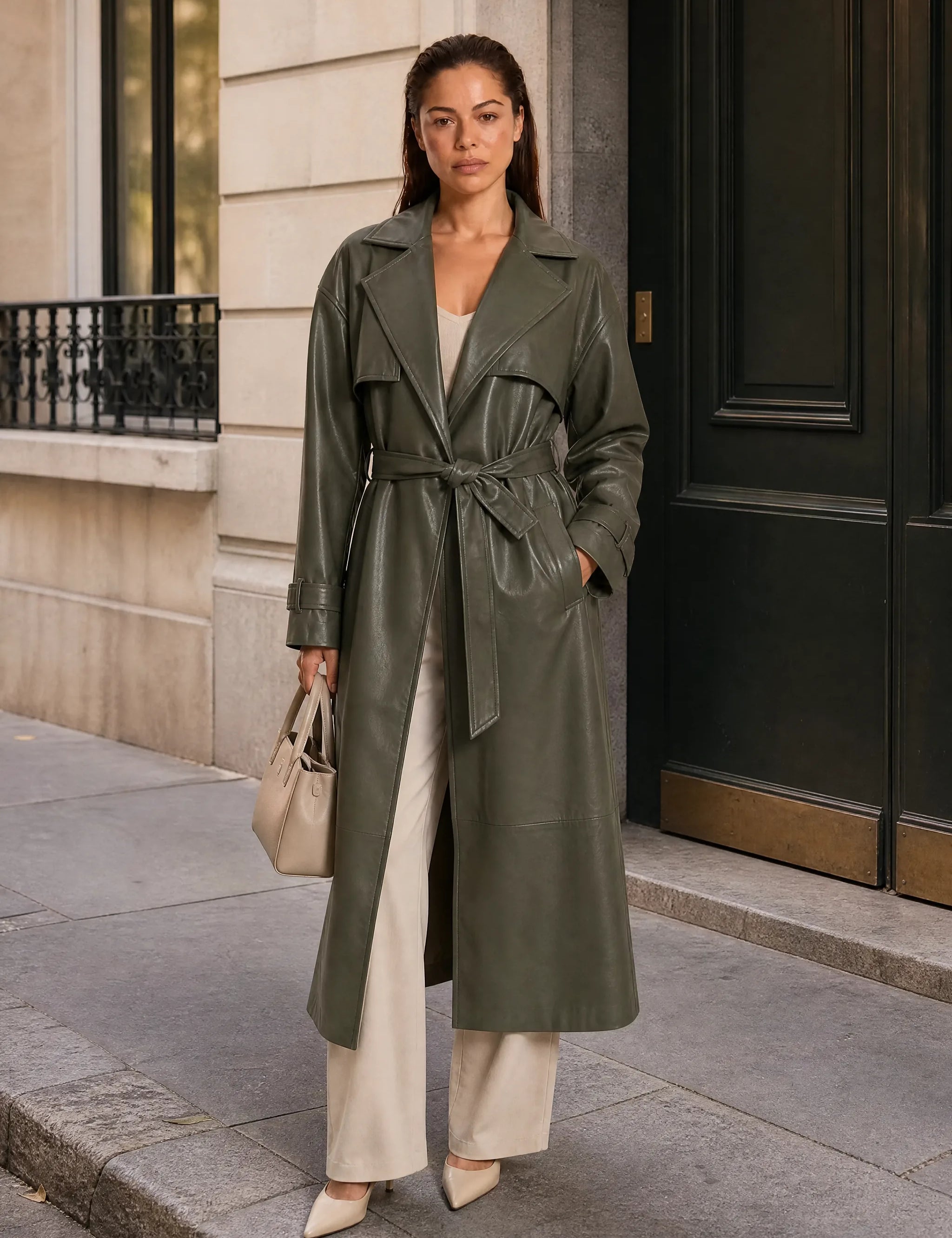 Manteau long effet cuir ceinturé | Variante Vert - Lifestyle | Lounelle Paris