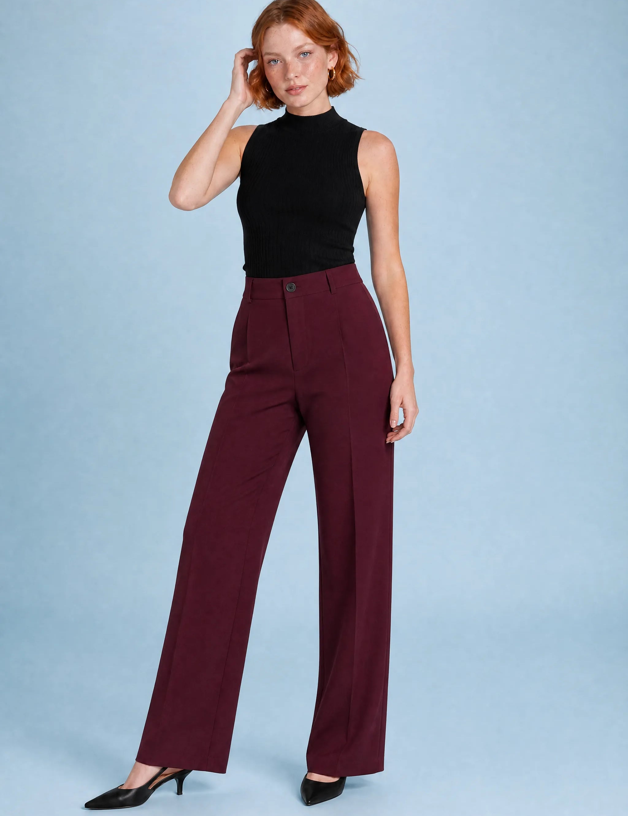Pantalon de tailleur fluide taille haute | Variante Bordeaux | Lounelle Paris