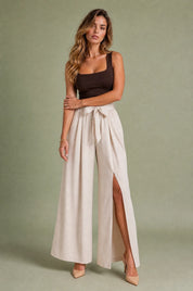Pantalon large taille haute fendu | Variante Beige | Lounelle Paris