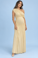 Robe longue de grossesse beige à encolure asymétrique et taille basse