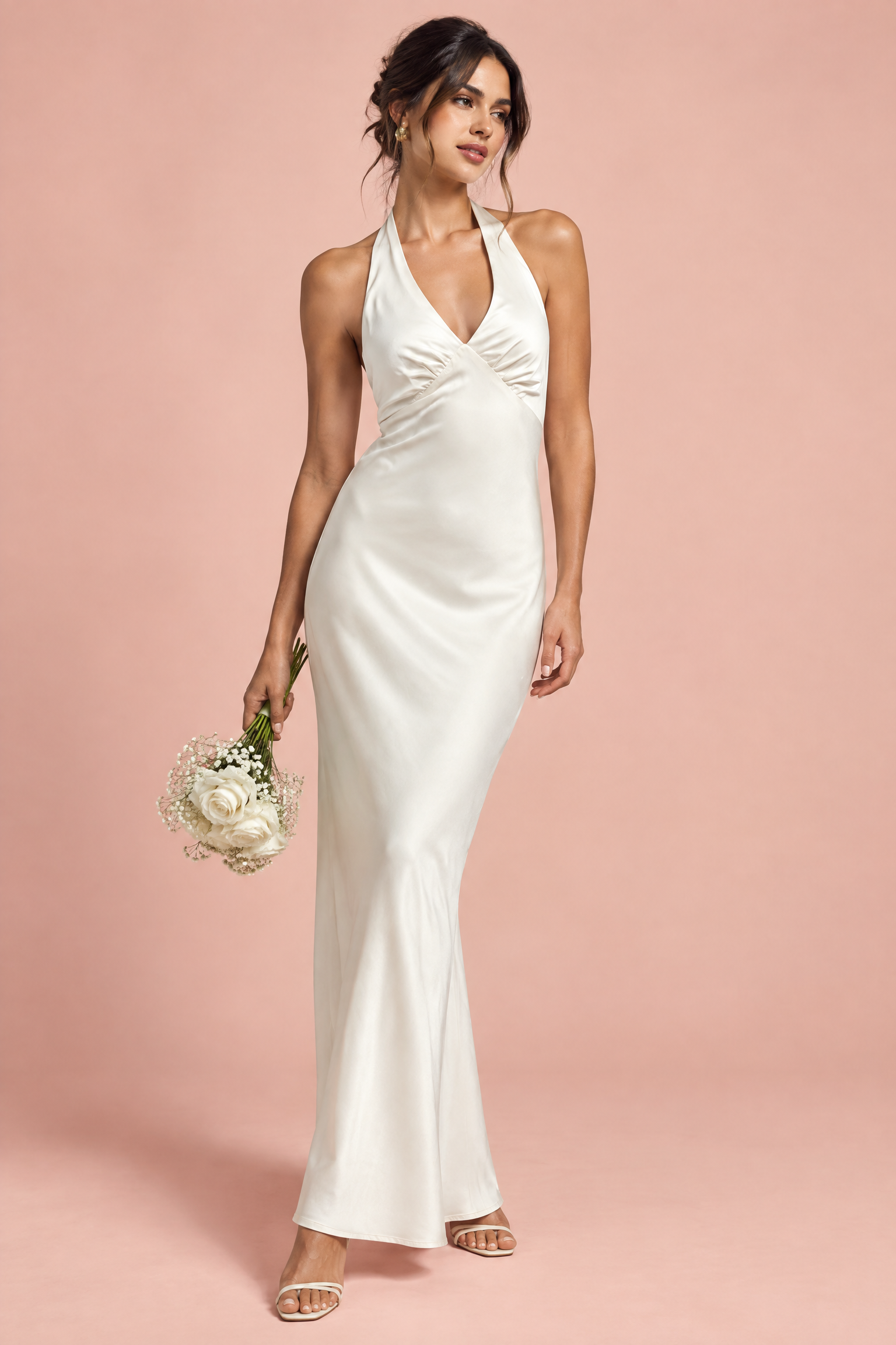 Robe longue blanc cassé à fronces et col V | Vue de face | Lounelle Paris