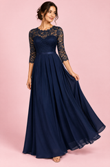 Robe longue bleu marine à empiècement en dentelle
