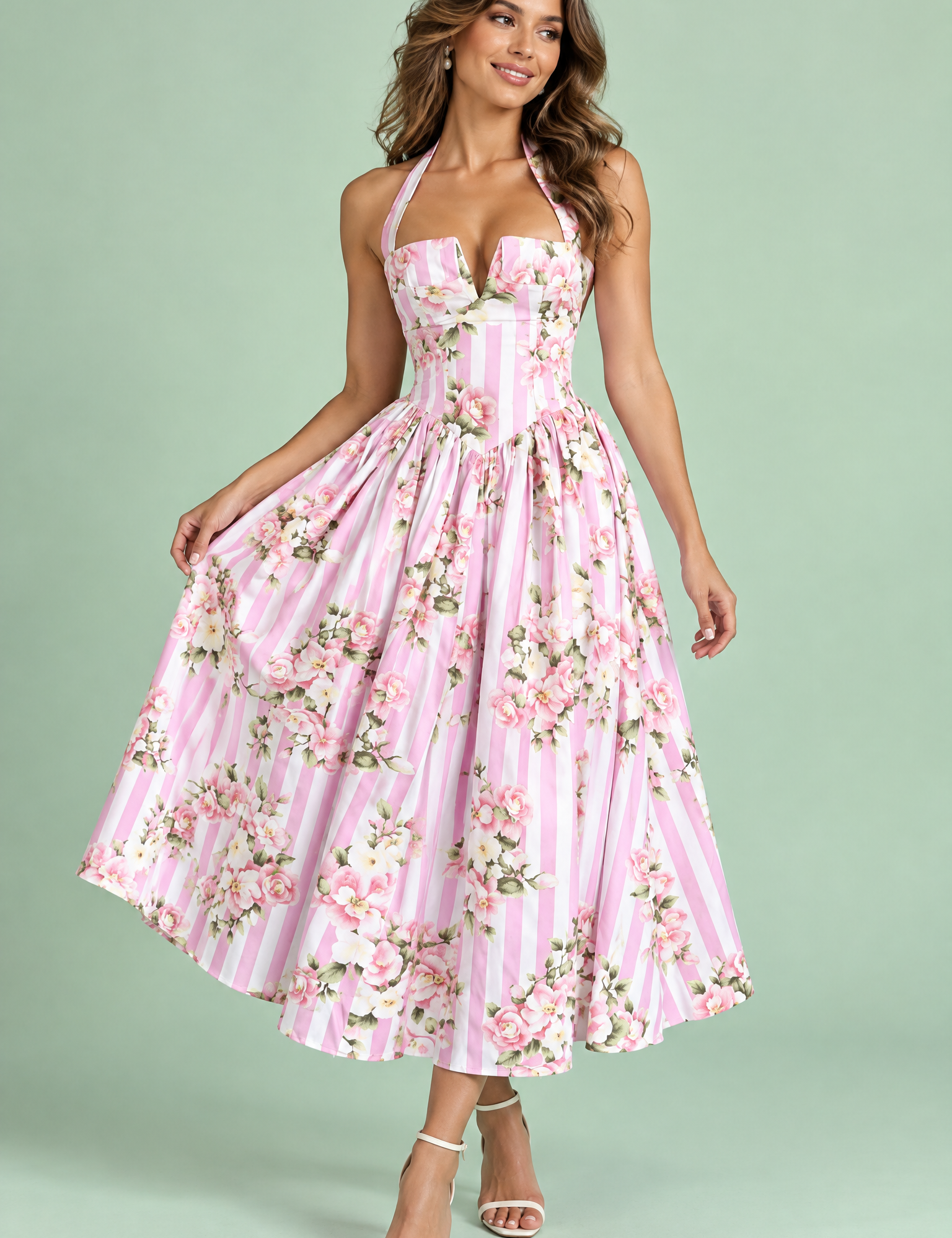 Robe longue rose dos nu à rayures et motifs floraux | Vue de face | Lounelle Paris