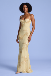 Robe longue jaune à broderies florales | Vue de face | Lounelle Paris