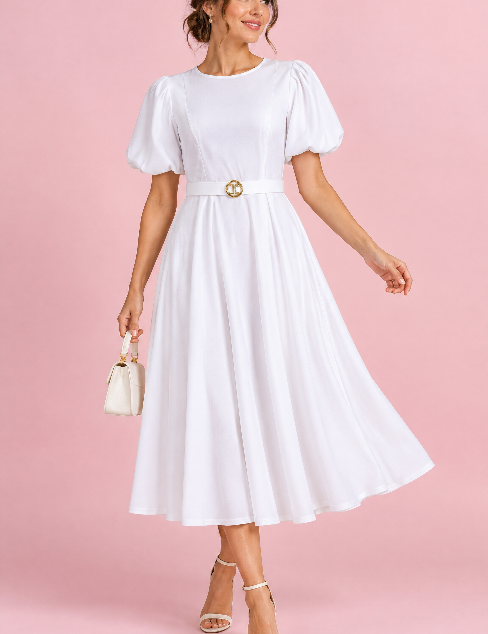 Robe midi blanche à col montant et manches bouffantes | Vue de face | Lounelle Paris