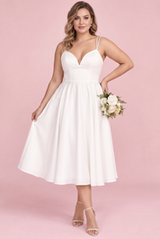 Robe midi blanche à fines bretelles et jupe ample | Porté sur une autre silhouette | Lounelle Paris