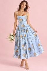Robe longue bleue à corset